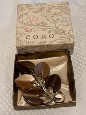 Coro Enamel Leaf Cluster Pin in Brown and Tan